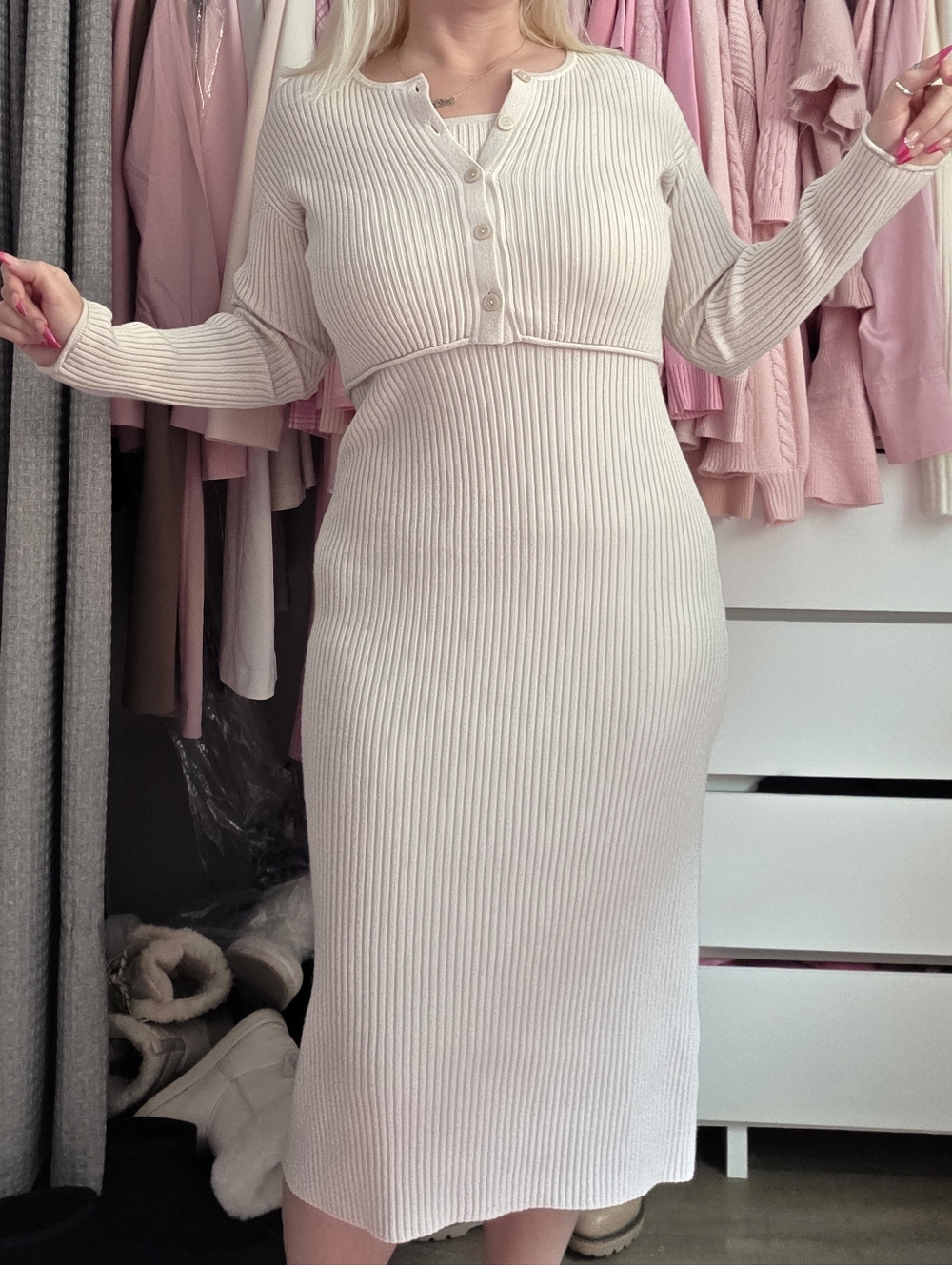 GU Ribbed Knit Cardigan and Midi Dress in Cream Size S